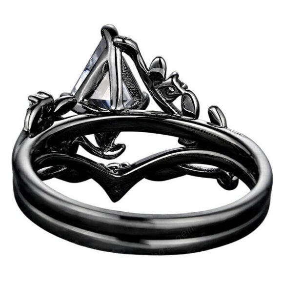 Rhombus Cut Natural Gray Moissanite Engagement Wedding Ring Set in Rhodium - Picture 6 of 7